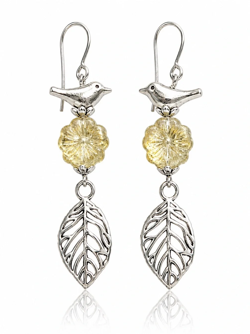 Bird & Leaf Dangle Earrings, Flower Glass, Silver Tone, Artisan Handmade